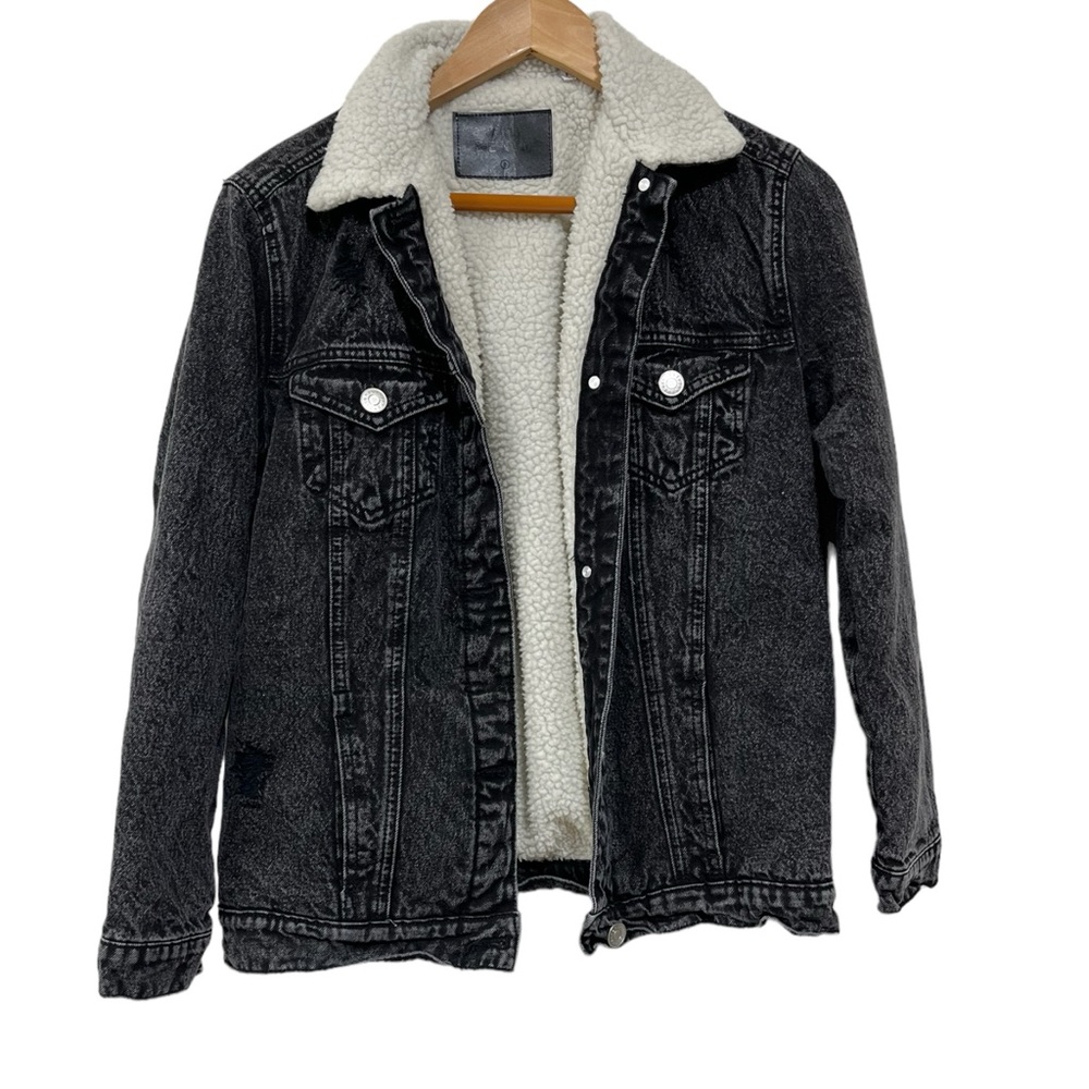 REFUGE Black Denim Jean Distressed Fuzzy Button Down Jacket Size S